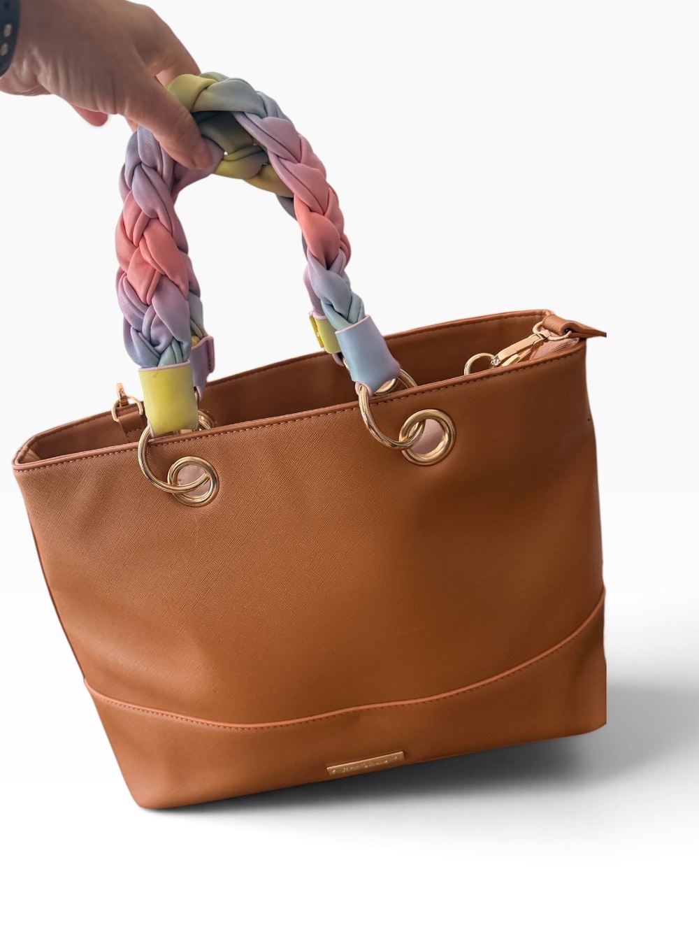 Large Betsy Johnson Tan Tote Bag with Pastel Braided Handles-So Cute!